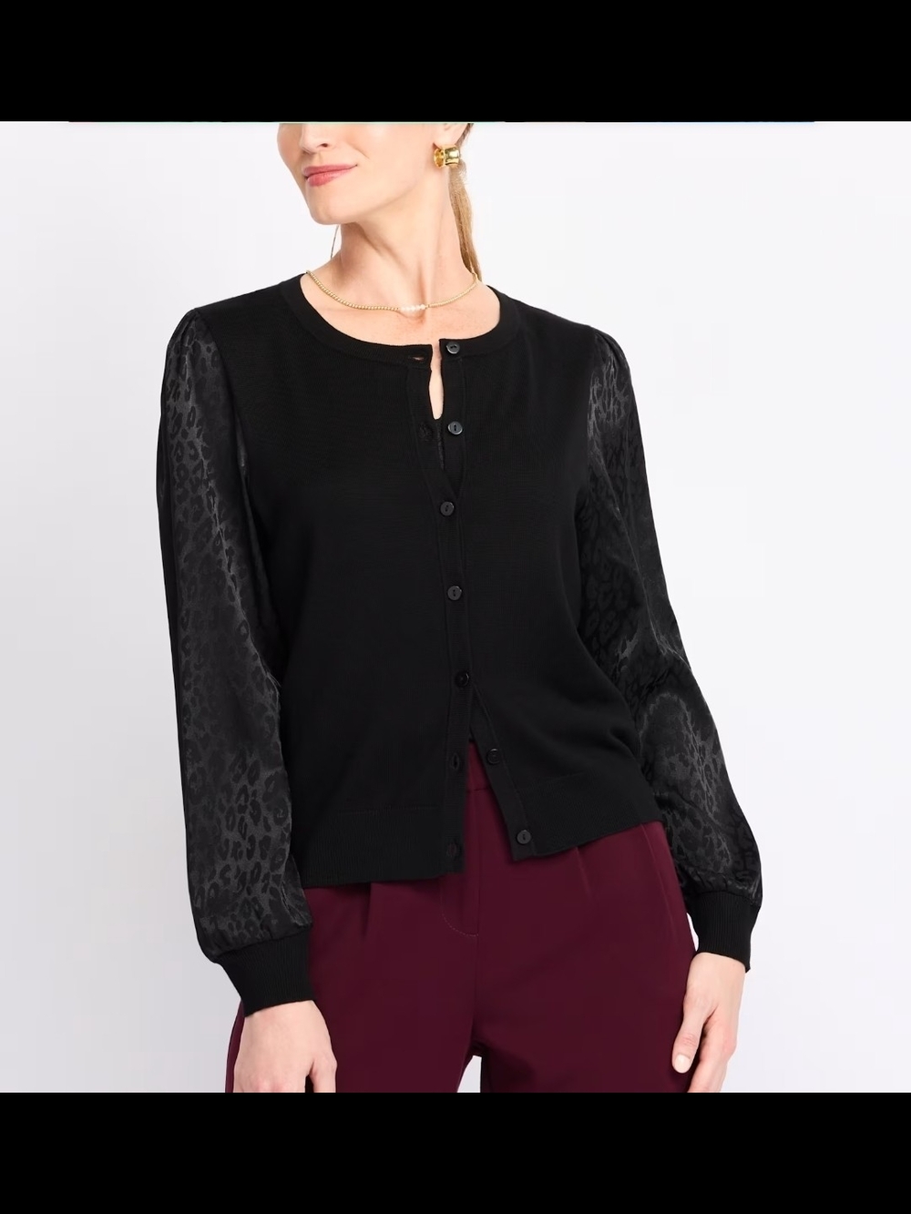Black Button Up Viscose Cardigan with Leopard Print Sleeves M New